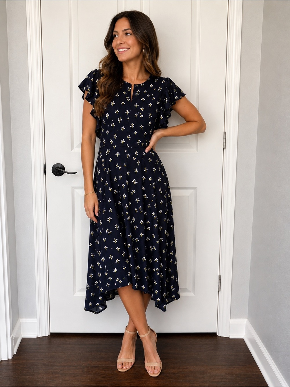 kate spade navy dress with white and pale yellow print